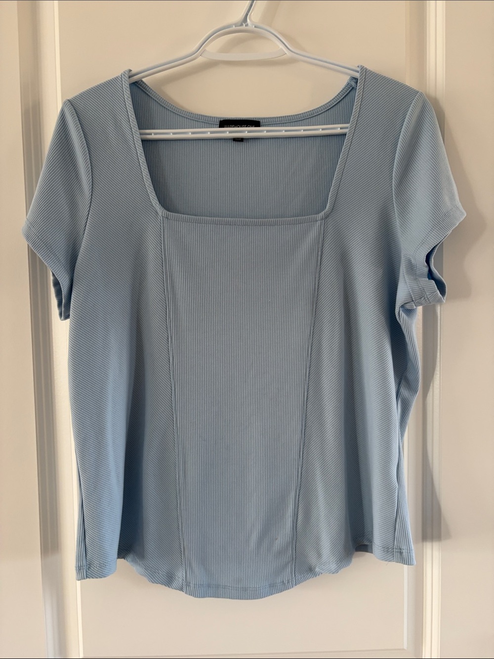 Women's Light Blue Square Neck Ribbed Short Sleeve Top